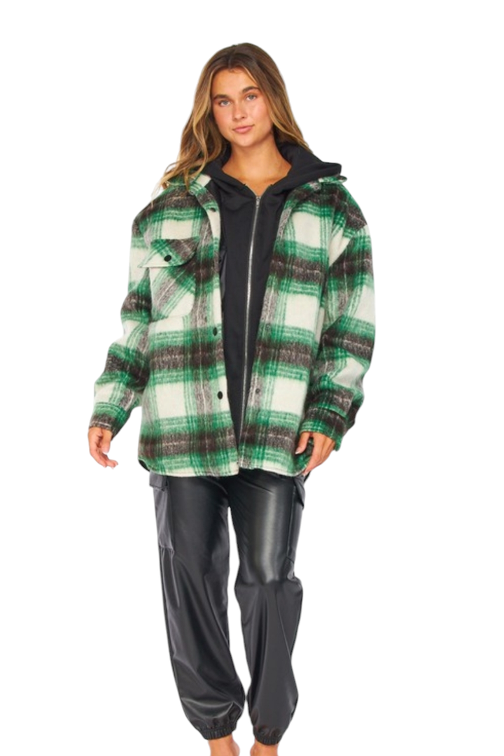 Green Plaid Hoodie Shacket