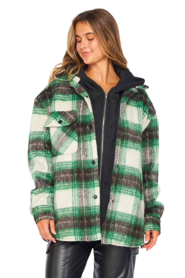 Green Plaid Hoodie Shacket