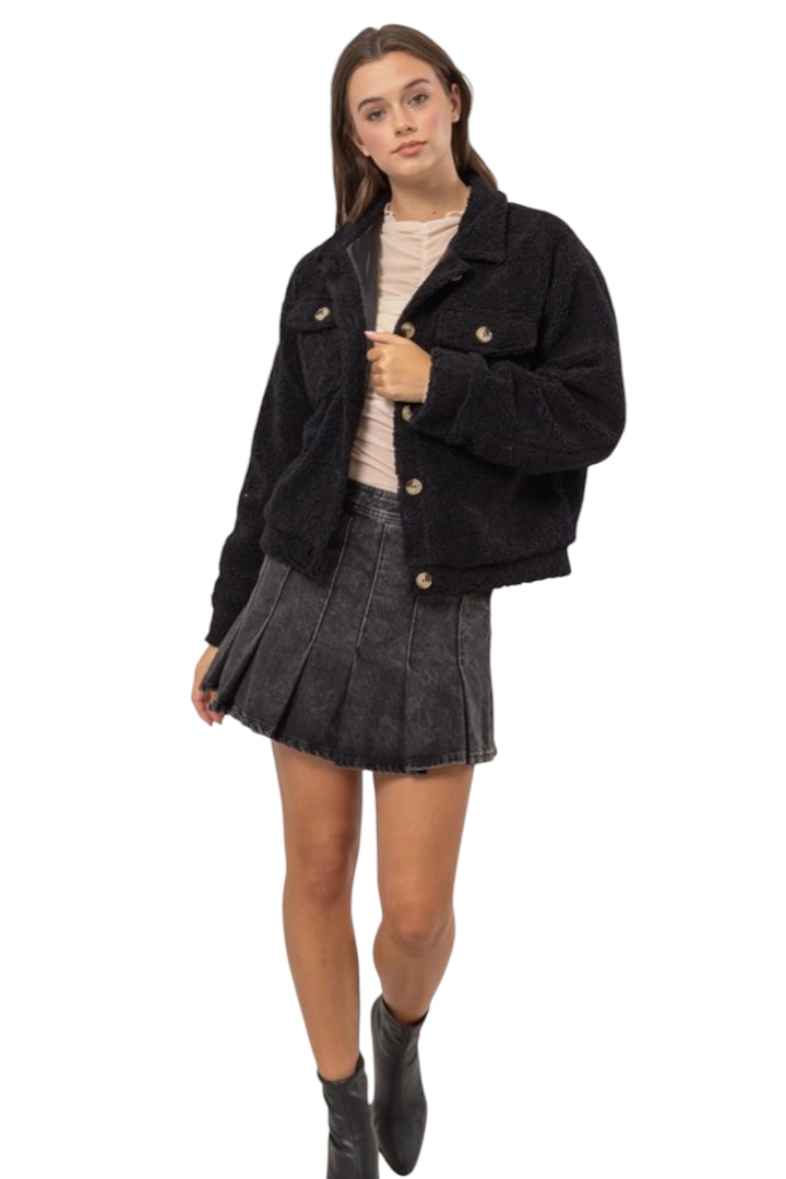 Black Sherpa Button Front Jacket