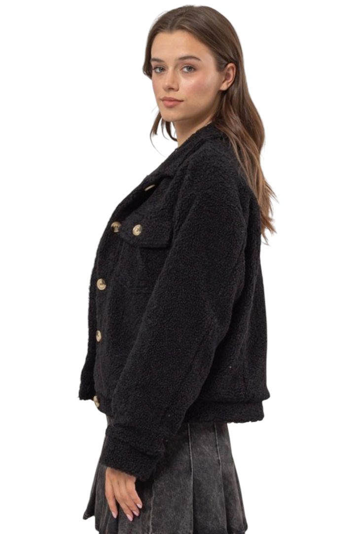 Black Sherpa Button Front Jacket