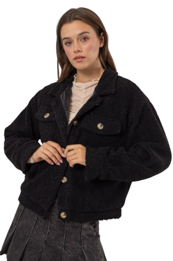 Black Sherpa Button Front Jacket