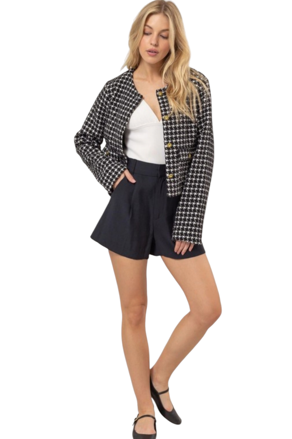 Black Gold Button Plaid Tweed Jacket