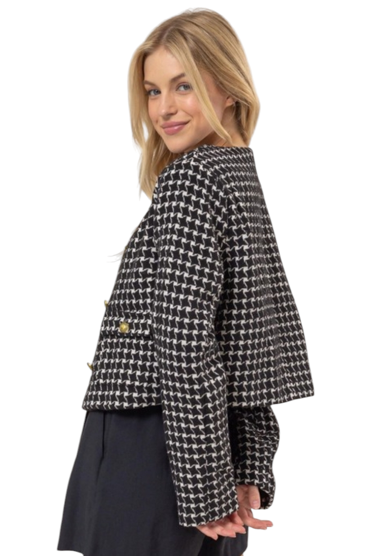 Black Gold Button Plaid Tweed Jacket