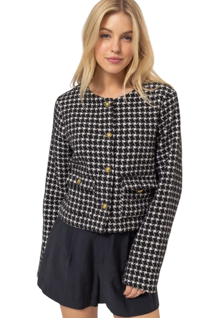 Black Gold Button Plaid Tweed Jacket