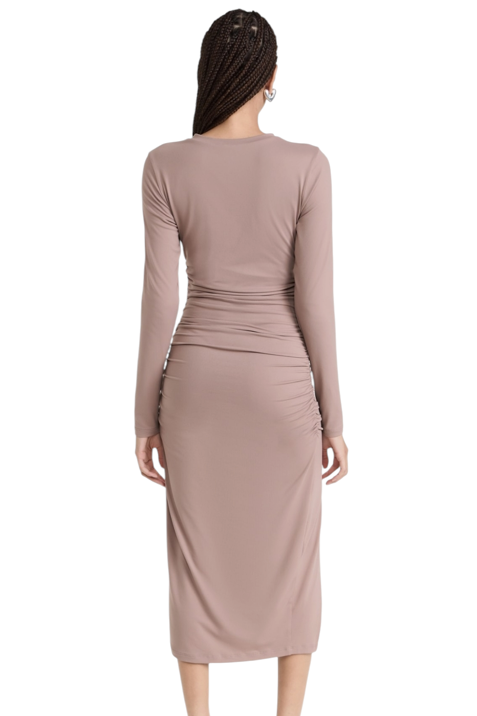 Susana Monaco Mocha Gathered Crew  Long Sleeve Slit Midi Dress