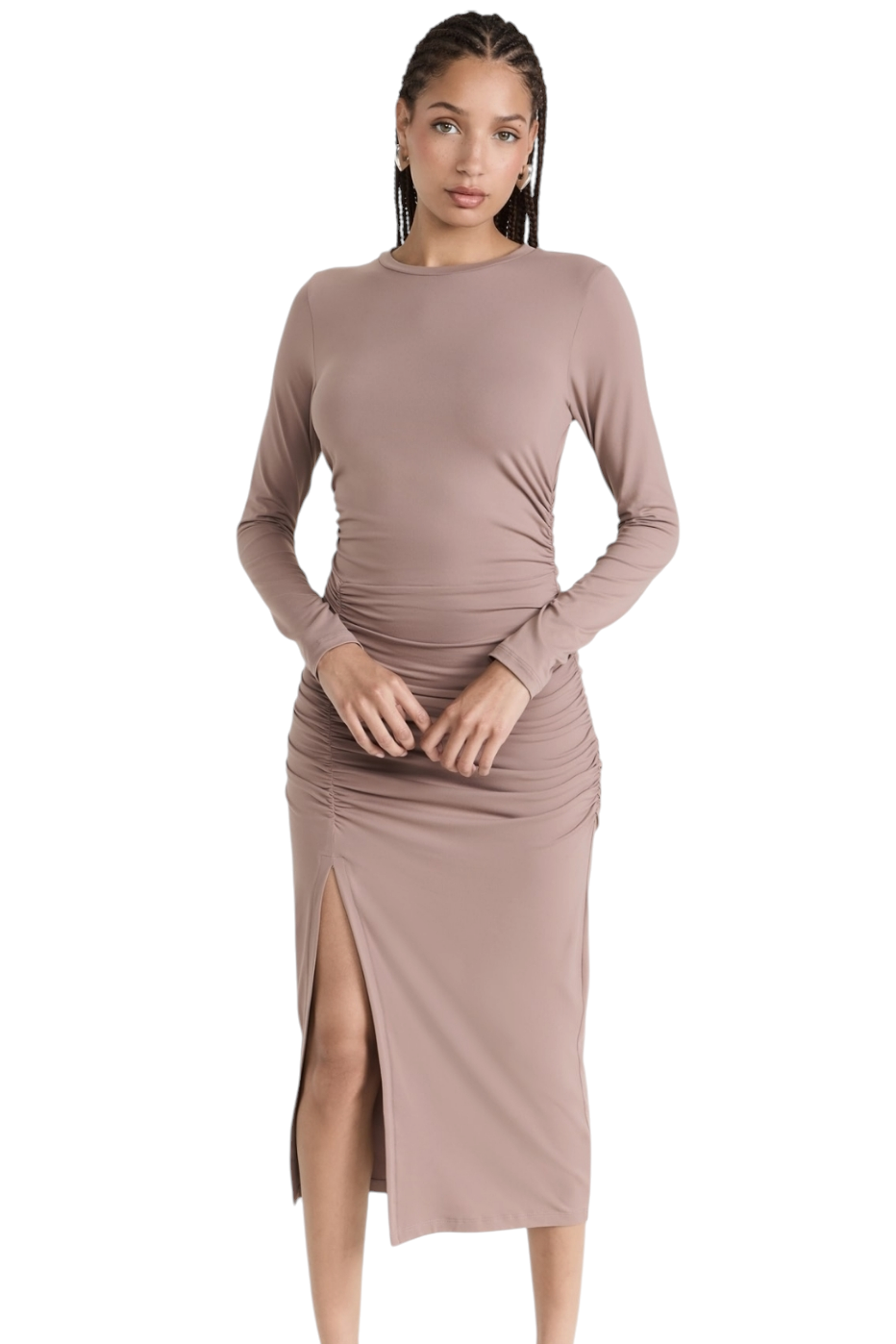 Susana Monaco Mocha Gathered Crew  Long Sleeve Slit Midi Dress