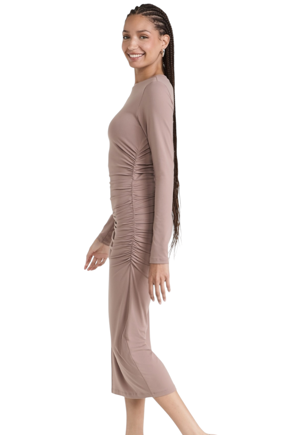 Susana Monaco Mocha Gathered Crew  Long Sleeve Slit Midi Dress