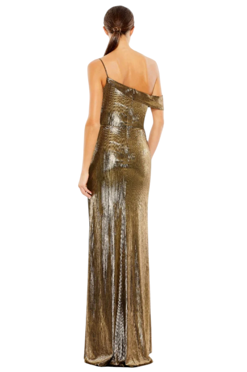 Mac Duggal Gold Metallic Off The Shoulder Maxi Dress