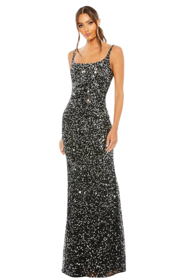 Mac Duggal Black Sequined Low Back Slip Gown Maxi Dress