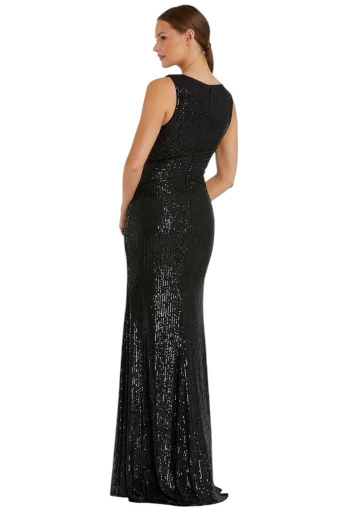 Mac Duggal Black V-Neck Sequin Wrap Waist Gown Maxi Dress