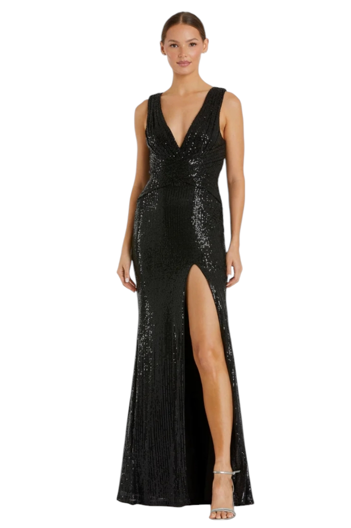 Mac Duggal Black V-Neck Sequin Wrap Waist Gown Maxi Dress