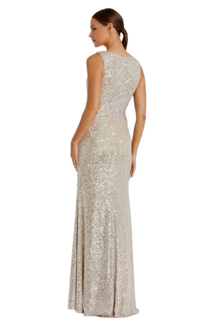 Mac Duggal Nude V-Neck Sequin Wrap Waist Gown Maxi Dress