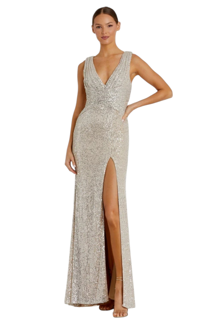 Mac Duggal Nude V-Neck Sequin Wrap Waist Gown Maxi Dress