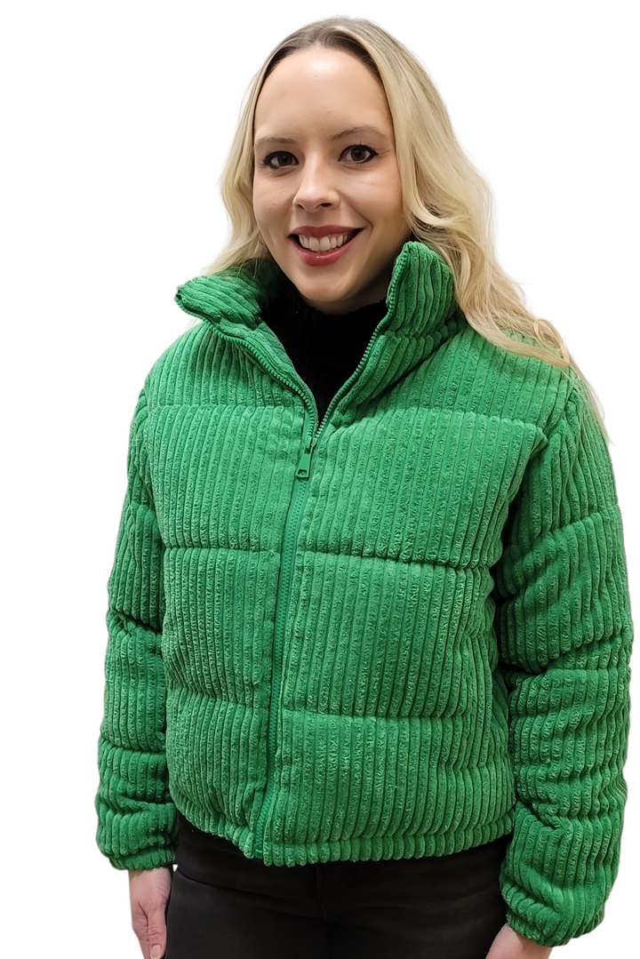 Green Corduroy Zip Puffer Jacket