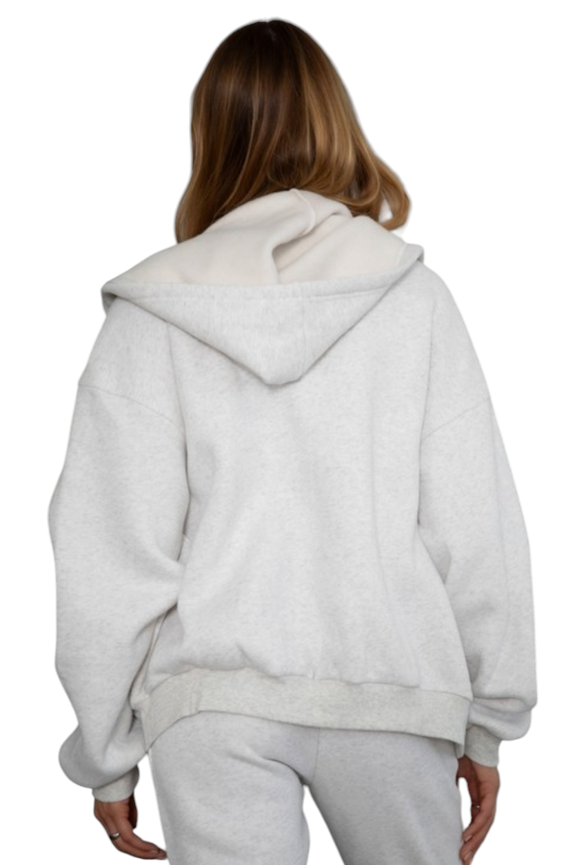 University Heather White Zip Up Loose Hoodie