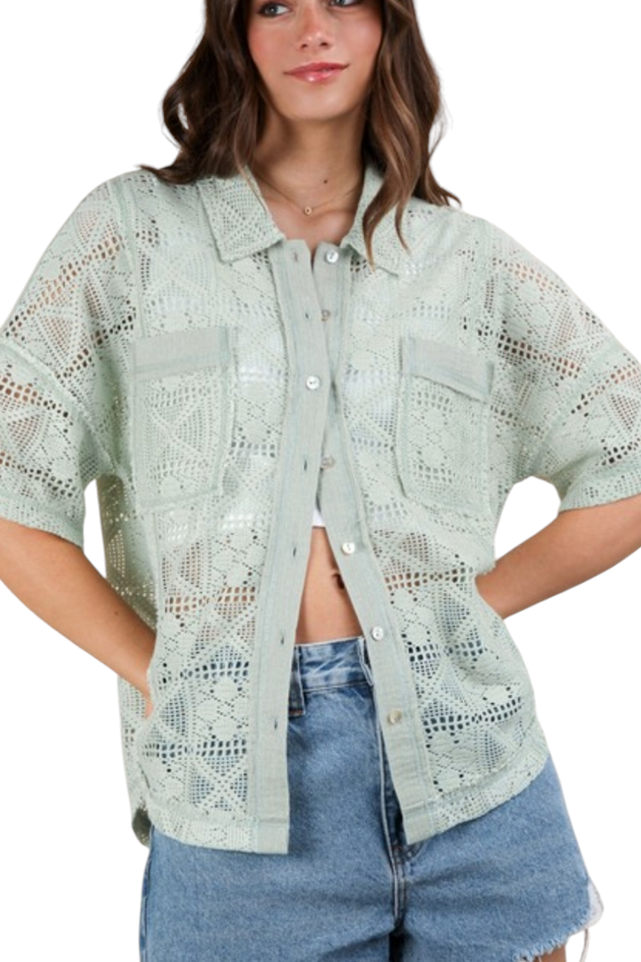 Sage Oversized Crochet Button Down Shirt Top