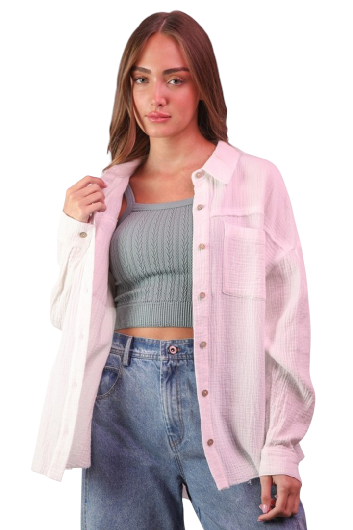 White Mineral Washed Gauze Button Down Shirt Top