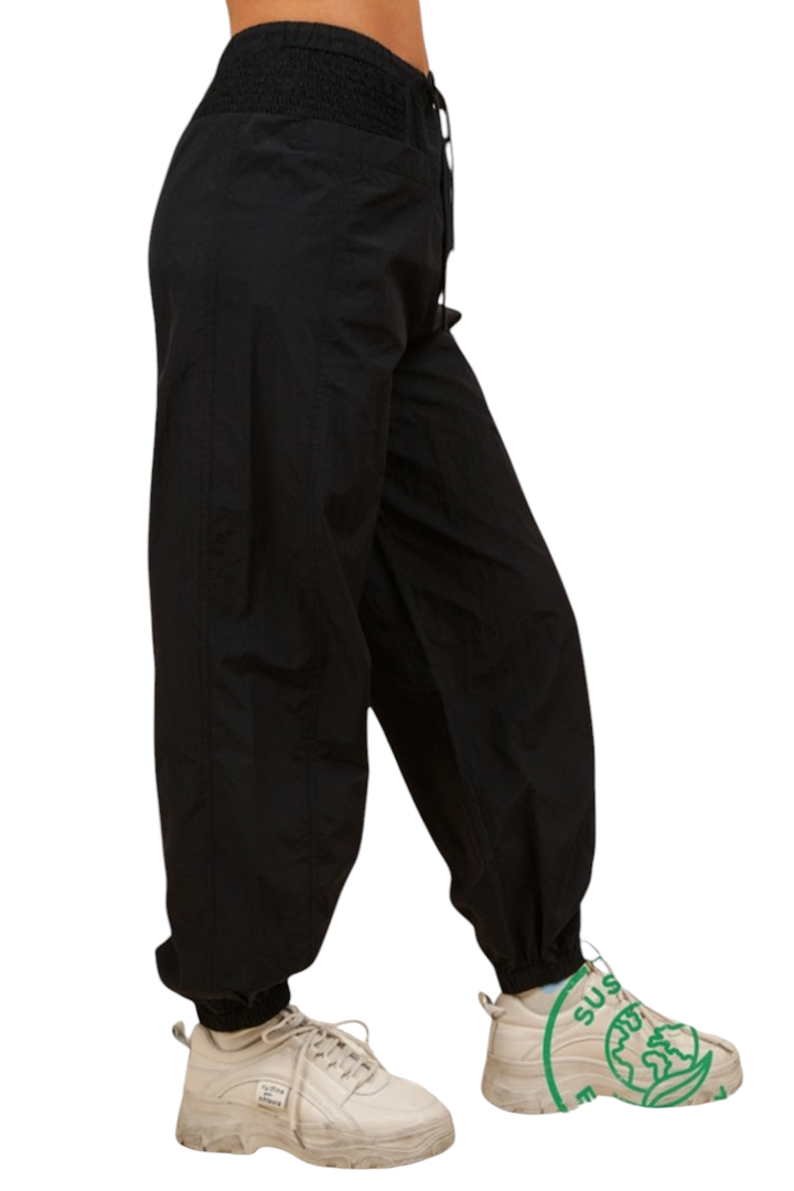 Black Front Patch Pocket Elastic Tie Waist Joggers