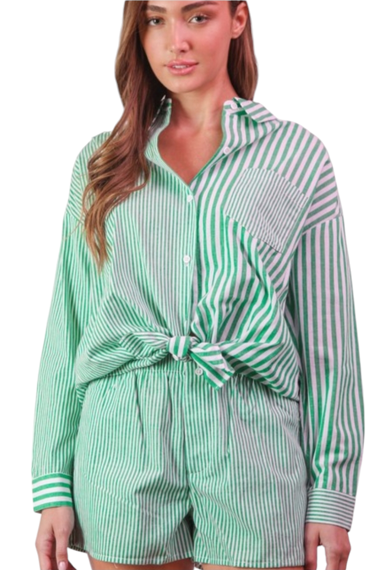 Green Oversized Striped Button Down Shirt Top