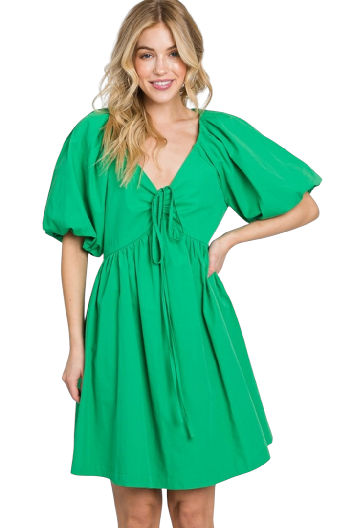 Green Bubble Sleeve Poplin Mini Dress