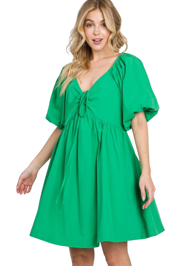 Green Bubble Sleeve Poplin Mini Dress