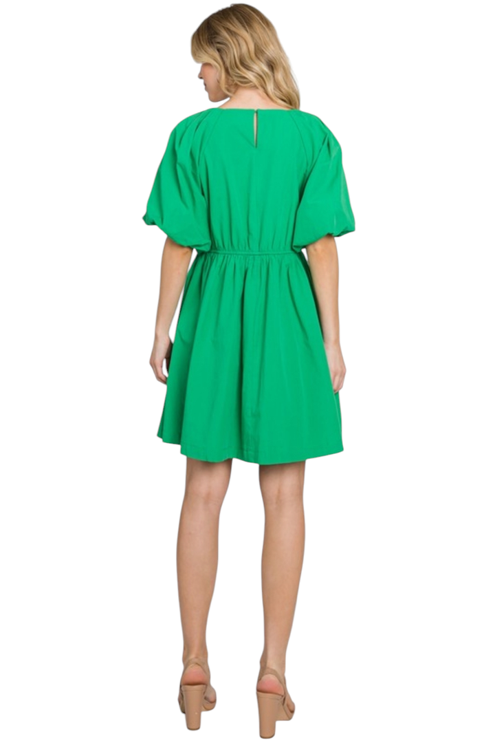 Green Bubble Sleeve Poplin Mini Dress