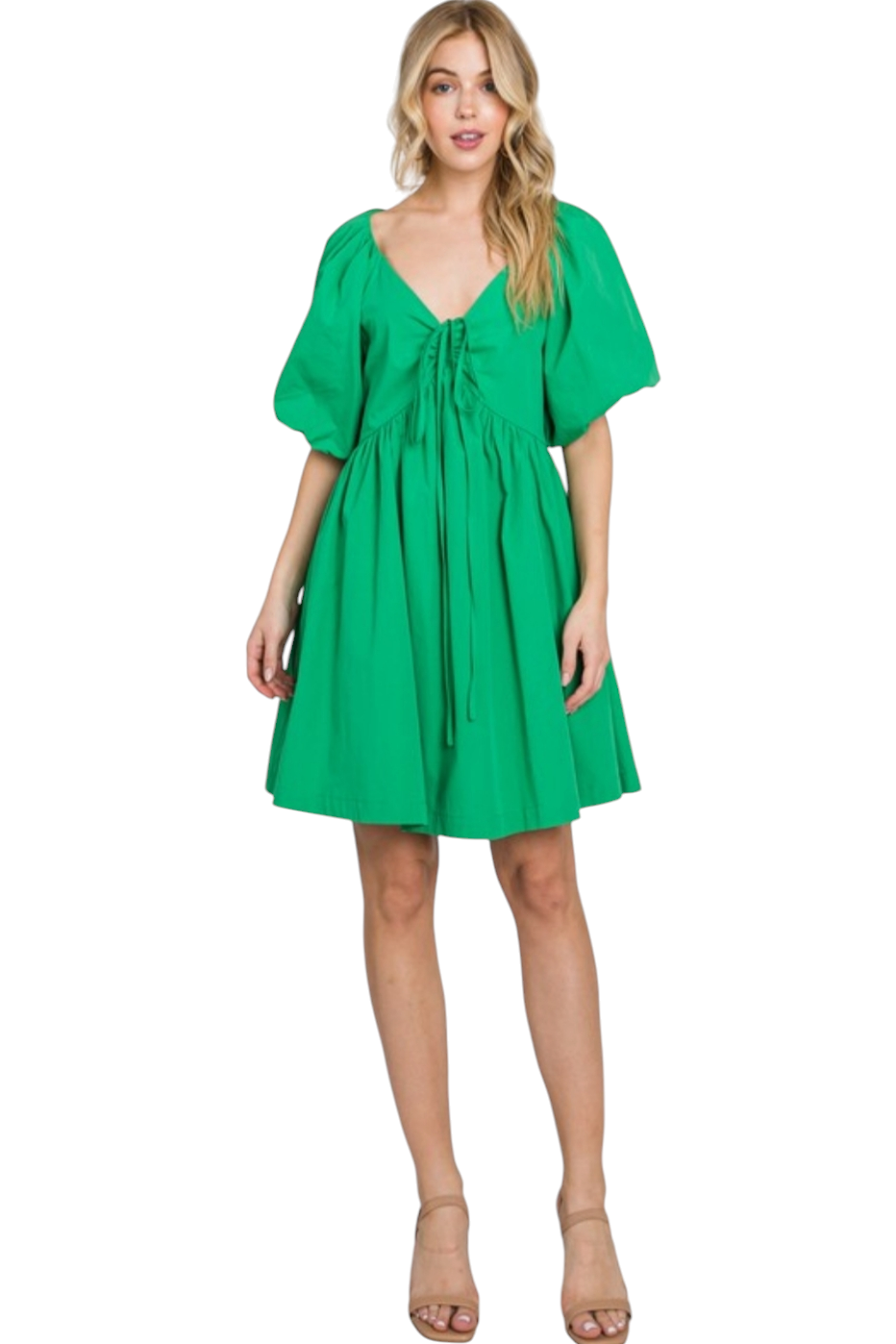 Green Bubble Sleeve Poplin Mini Dress