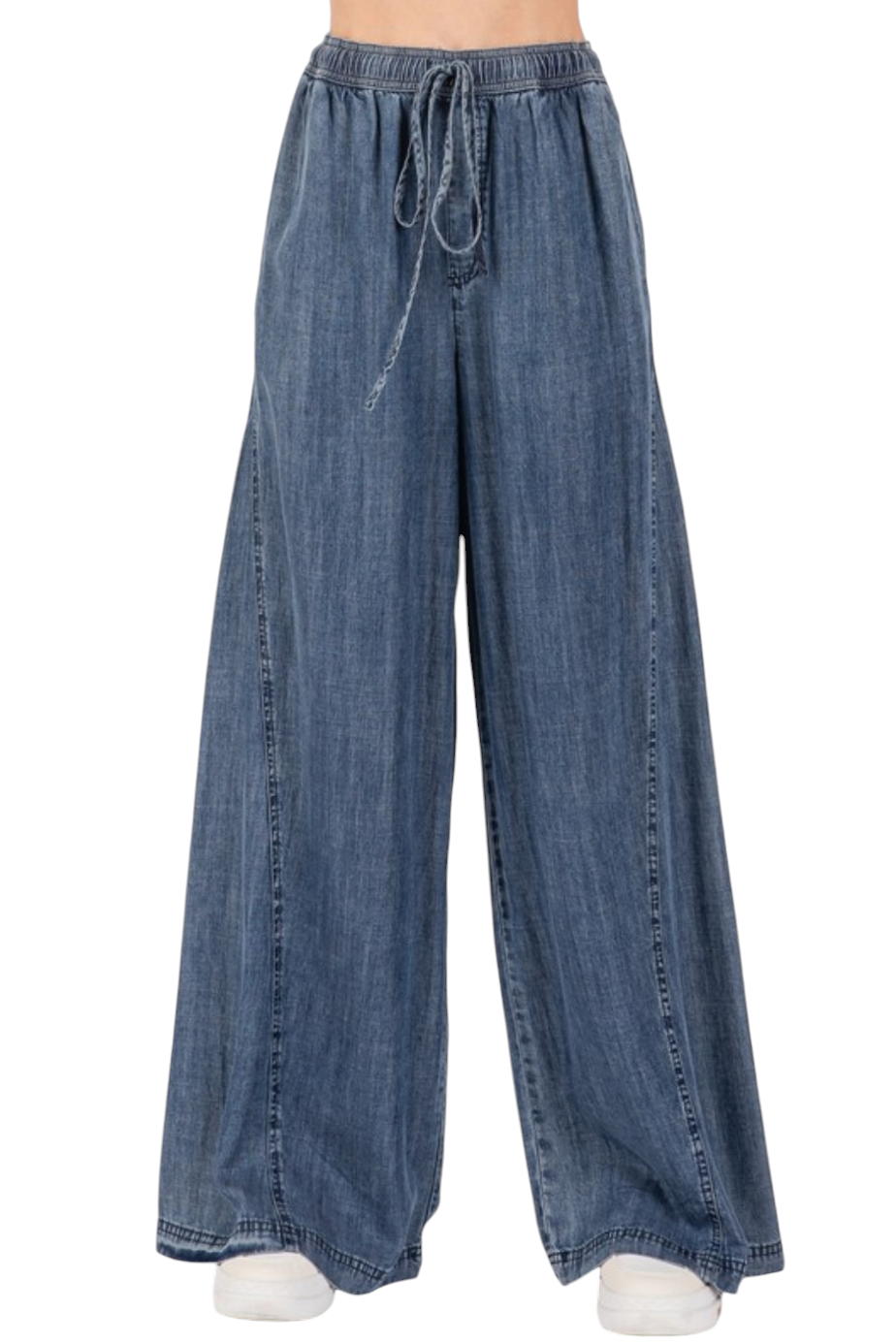 Medium Wash Denim Tencel Drawstring Wide Leg Pants