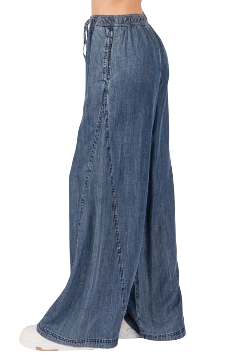 Medium Wash Denim Tencel Drawstring Wide Leg Pants