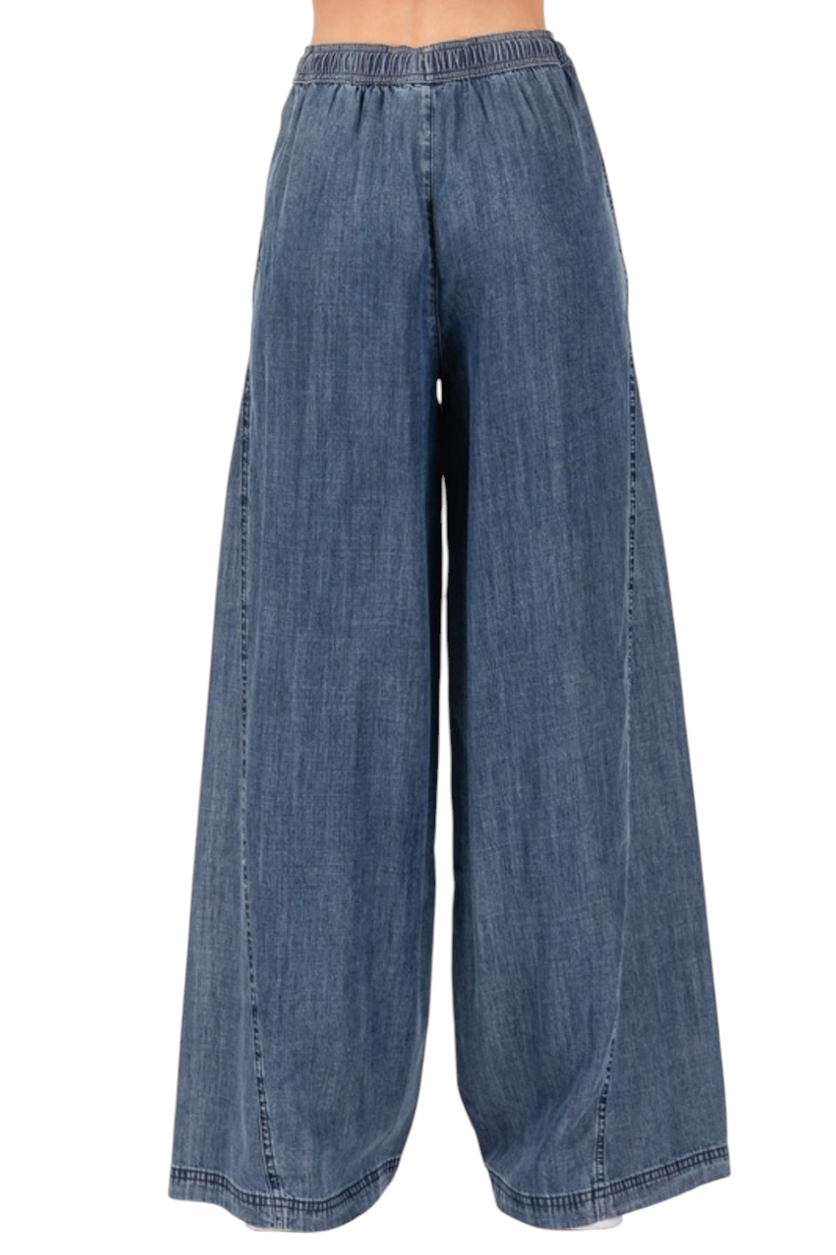 Medium Wash Denim Tencel Drawstring Wide Leg Pants