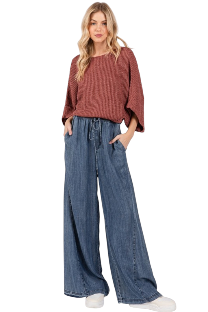 Medium Wash Denim Tencel Drawstring Wide Leg Pants