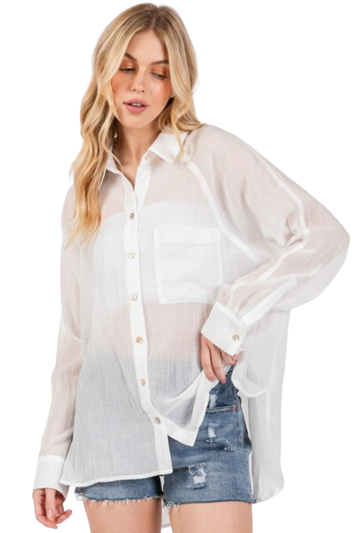 Off White Sheer Raglan Collar Neck Button Up Shirt