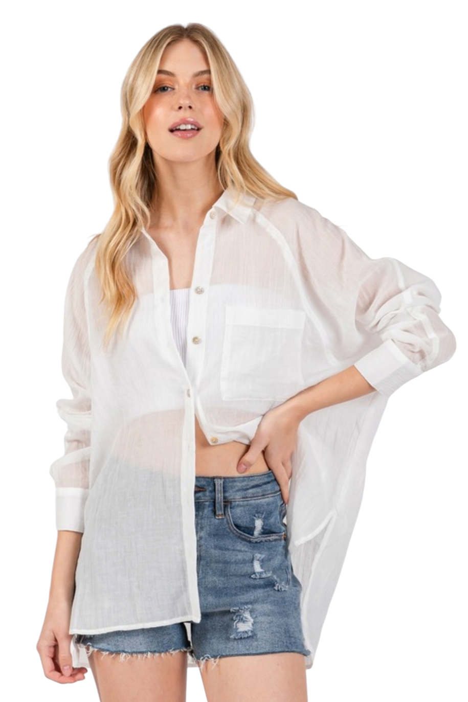 Off White Sheer Raglan Collar Neck Button Up Shirt