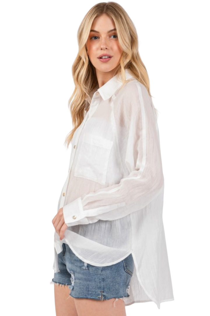 Off White Sheer Raglan Collar Neck Button Up Shirt