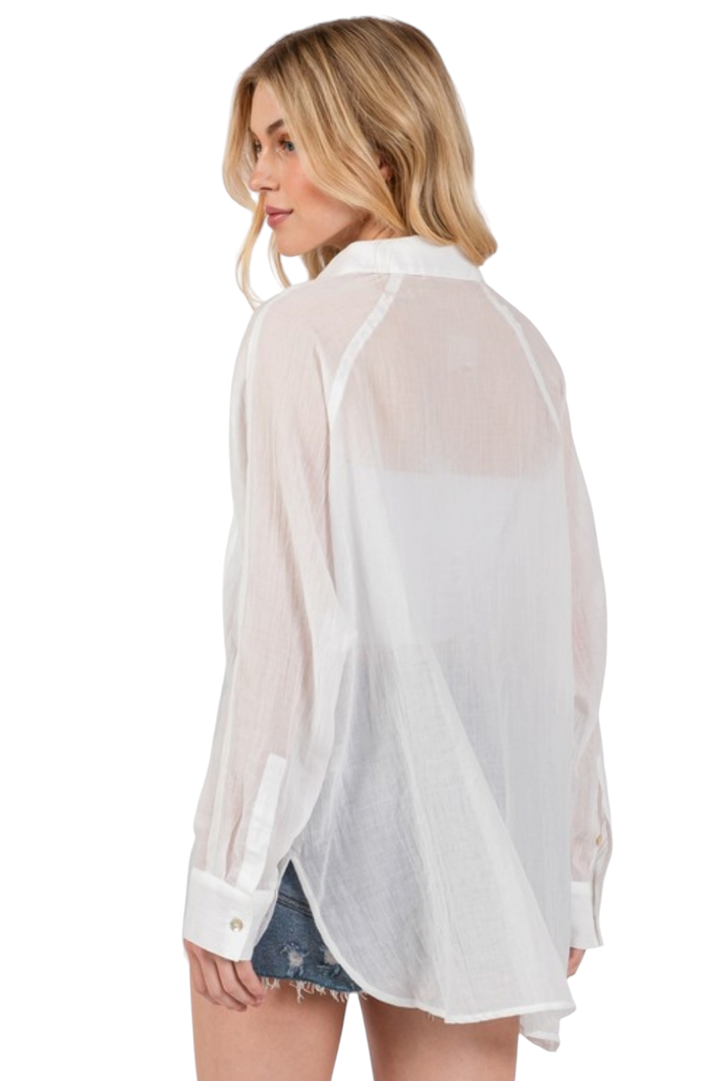 Off White Sheer Raglan Collar Neck Button Up Shirt