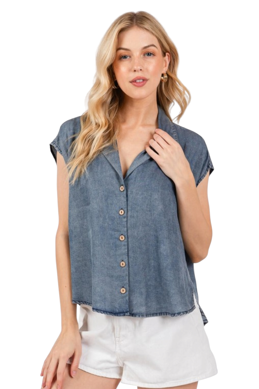 Medium Wash Denim Collared Button Down Cap Sleeve Top