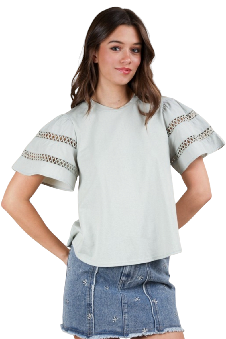 Sage Ruffled Lace Trim Sleeve Knit Top