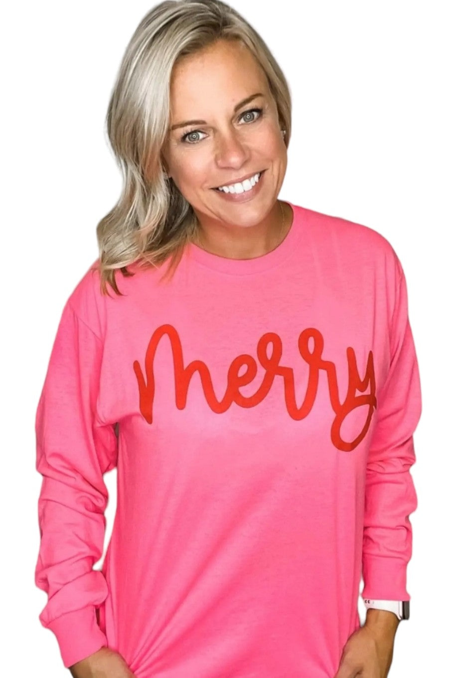 MERRY NEON Pink LONG SLEEVE HOLIDAY GRAPHIC TEE