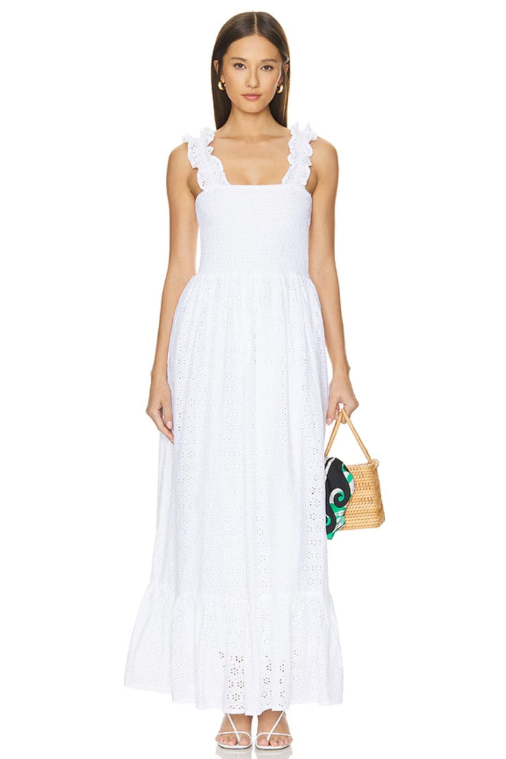 Bobi White Smocked Square Neck Eyelet Lace Maxi Dress