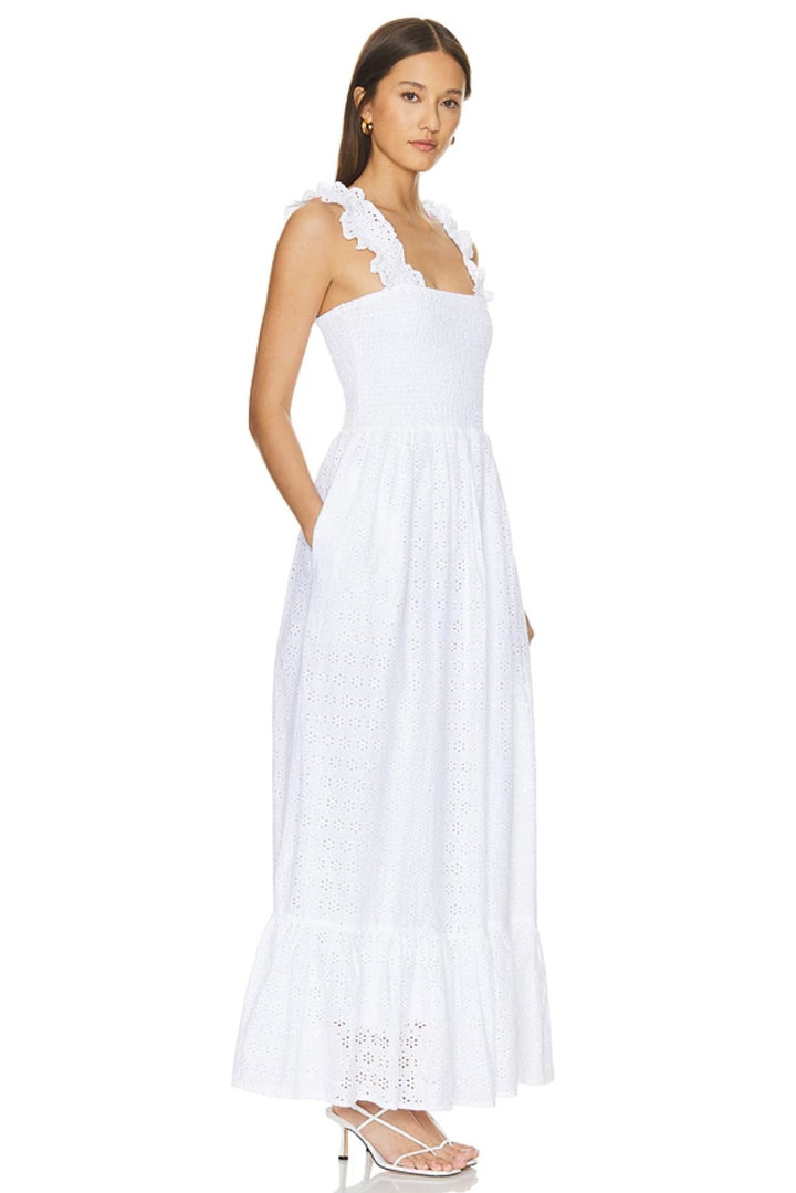 Bobi White Smocked Square Neck Eyelet Lace Maxi Dress