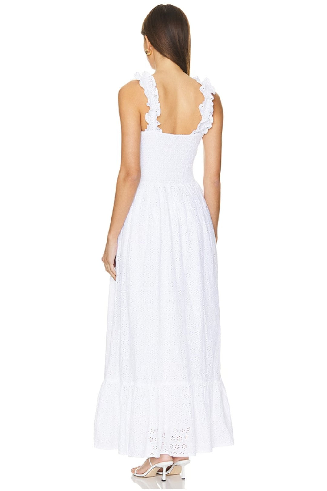 Bobi White Smocked Square Neck Eyelet Lace Maxi Dress