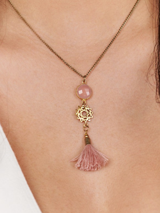 Gold and Pink Tassel Chakra Necklace