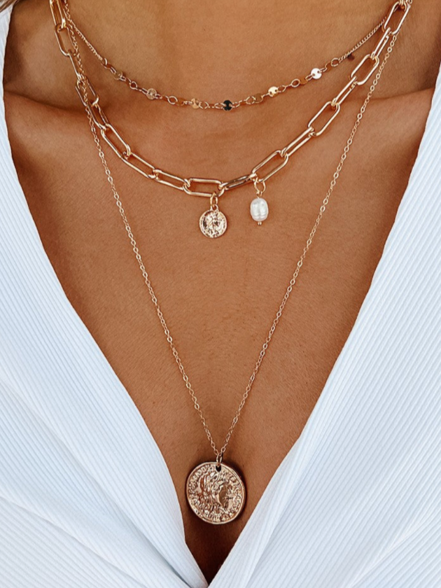 Gold Multi Layered Coin Charm Necklace