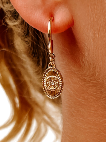Gold Textured Rhinestone Charm Hoop Earrings