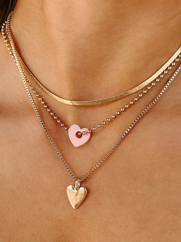 Gold and Pink Multi Layered Heart Pendant Necklace