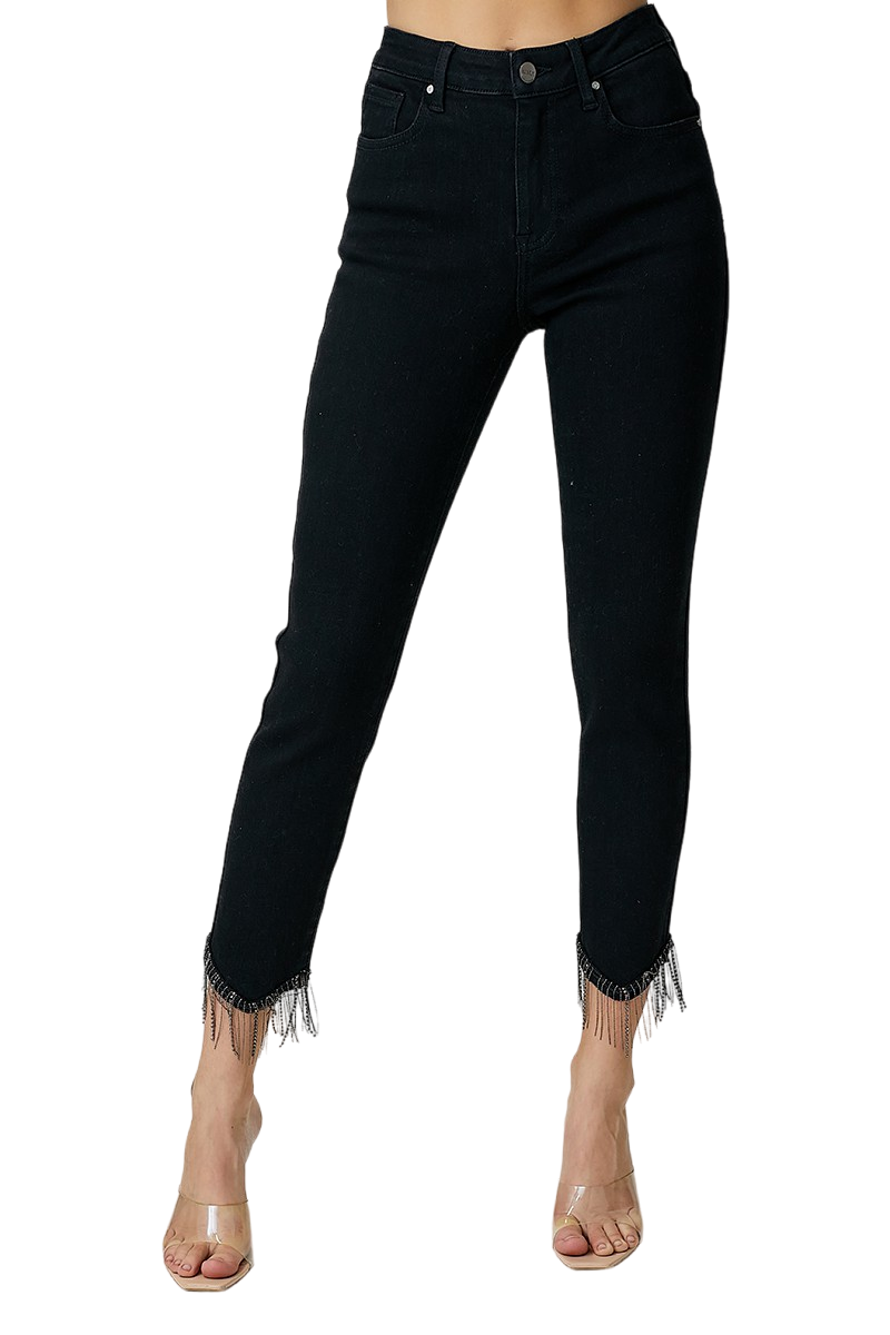 Risen Black Embellished Mid-Rise Crop Straight Jean