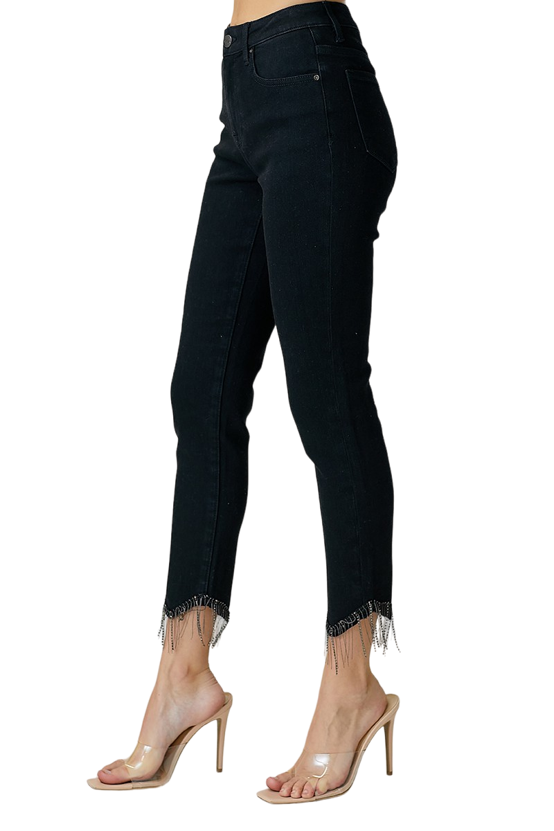 Risen Black Embellished Mid-Rise Crop Straight Jean