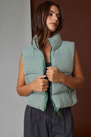 Green & White Gingham Crop Puffer Vest