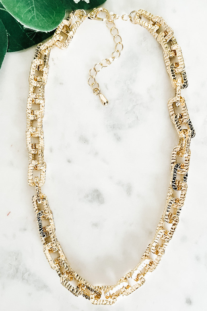 Gold Textured Rectangle Chain Necklace