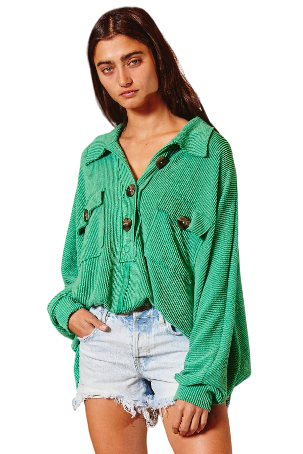 Bucket List Green Collared Oversized Button Up Top